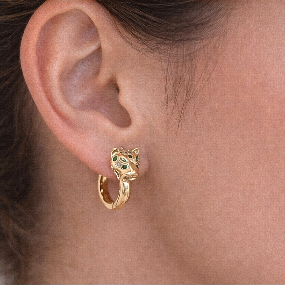 Gold Tone Leopard Panther Huggie Hoop Earrings Green Eye Crystal Statement